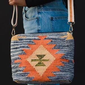 Blue Orange Yellow Western Aztec Cotton Crossbody Bag